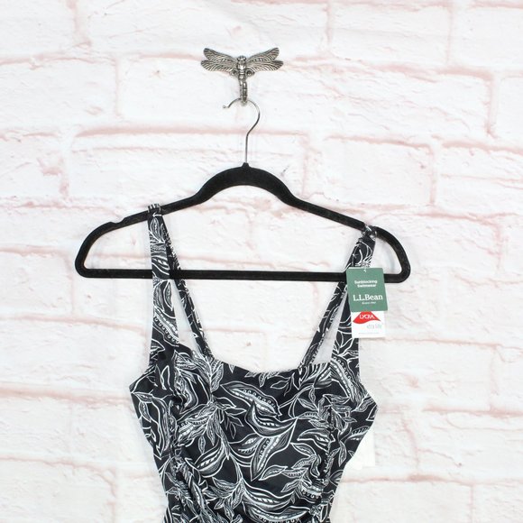 LL Bean Black Botanical Squareneck Tanksuit One-Piece Swimwear Size 12 - Picture 2 of 10